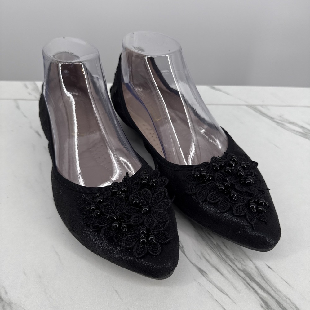 Guansitu Foldable Beaded Ballet Flats Embellished Embroidered Shimmer Floral Sz9